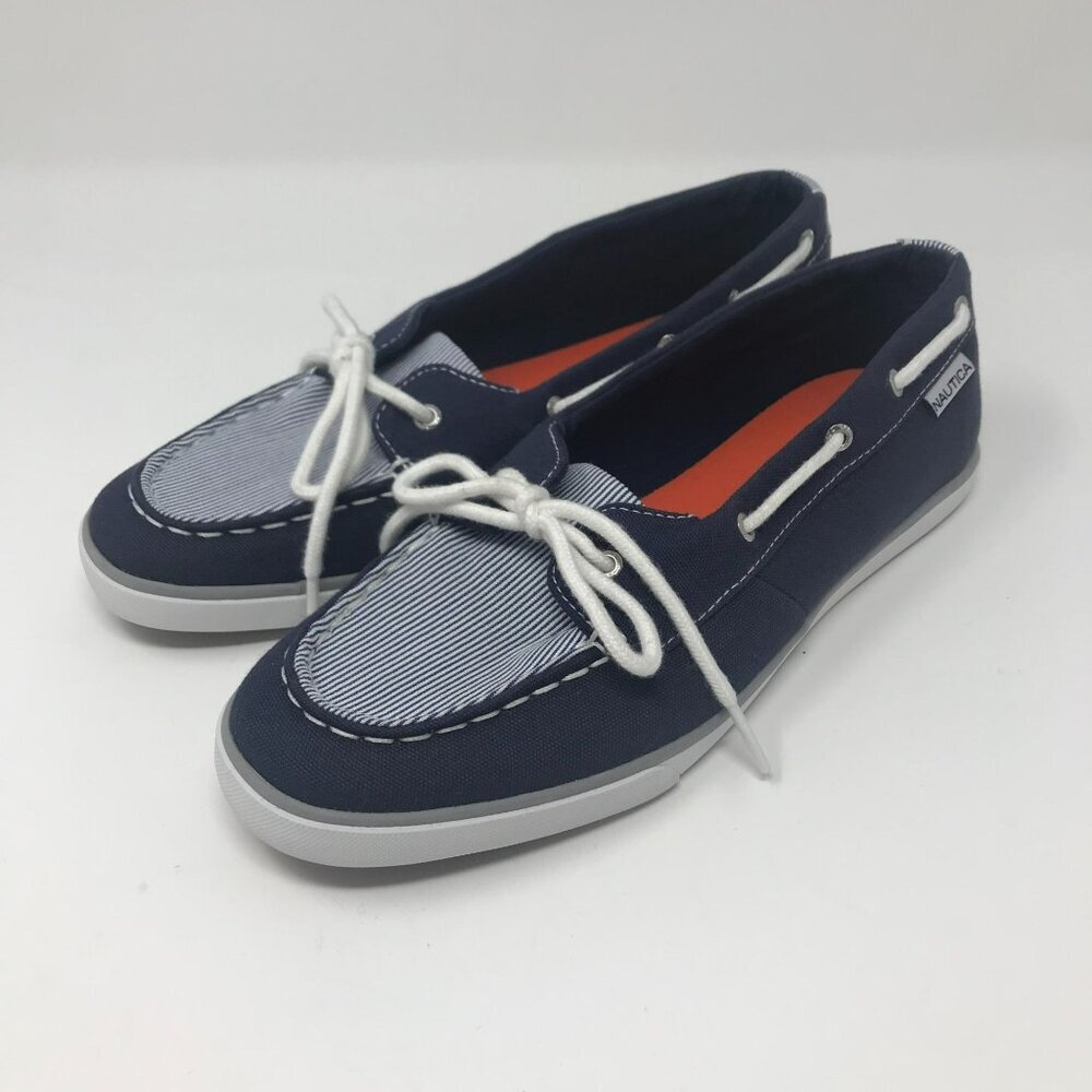 Womens Nautica Navy Blue Seersucker Striped Sailor Boat Shoes Size 8.0